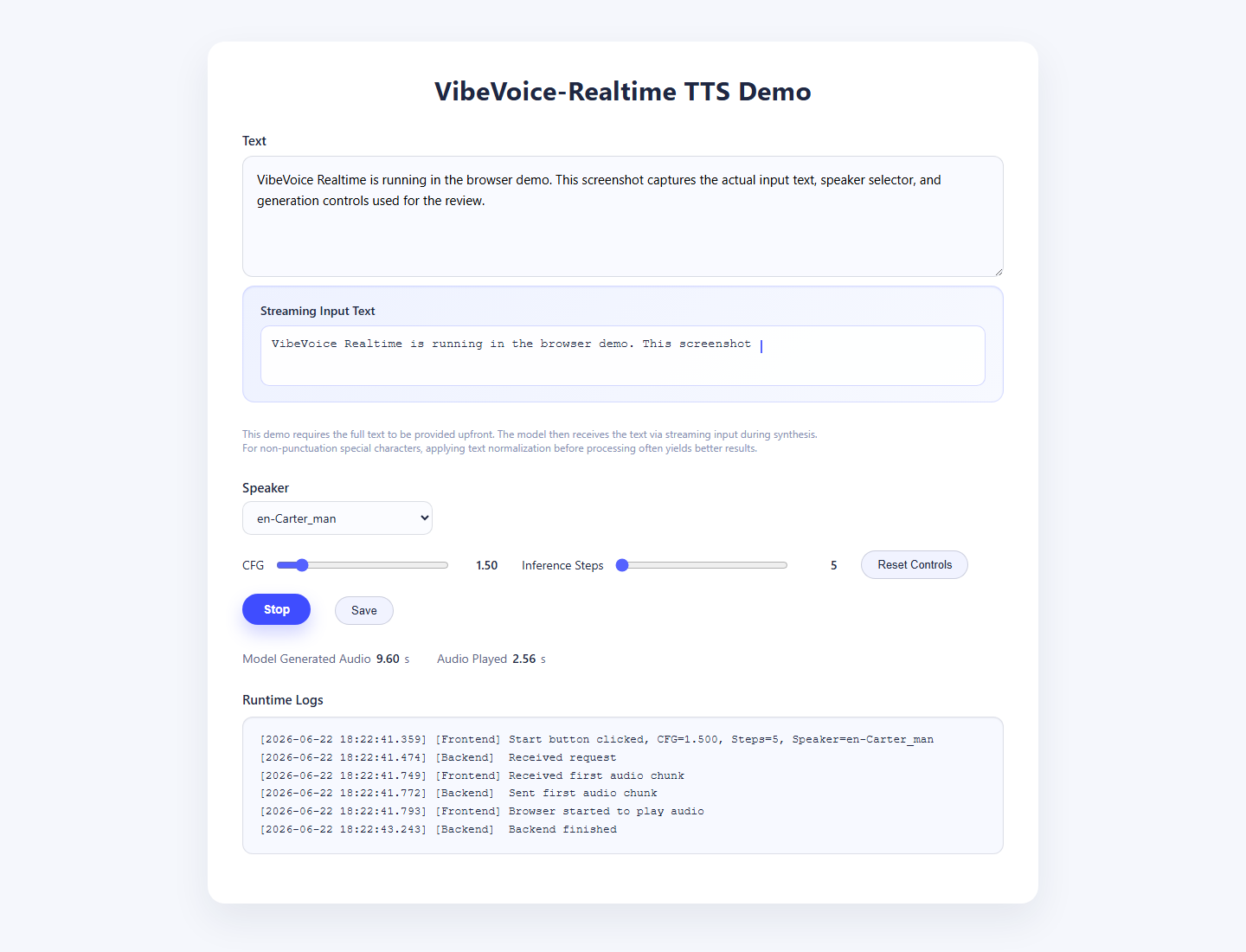 VibeVoice Realtime result screenshot