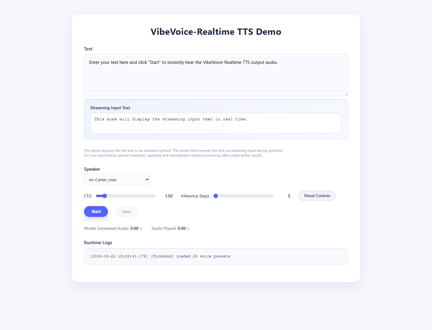 VibeVoice Realtime demo UI